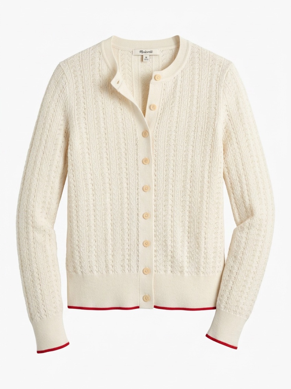 Madewell Cream Cable-Knit Button Cardigan with Red Trim